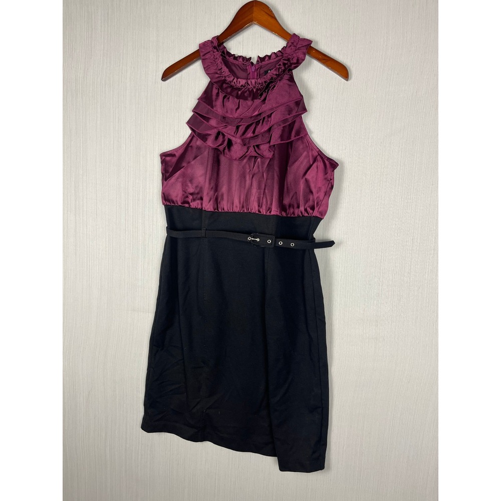 Sheath Dress Women‎ 12 Plum Black Ruffle Halter Satin Belted Cocktail Party